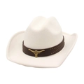Detail of white felt cowboy hat featuring bronze bull head buckle and metallic studs - One Size / Gold Bull Head Decorative Band / White