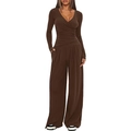 Women's dark brown two-piece set featuring wrap V-neck long sleeve top and wide leg pants - XS / Long Sleeve / Coffee