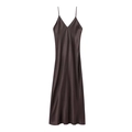 Detail of a chocolate brown satin maxi dress with V-neckline and smooth silk texture - XS / Coffee