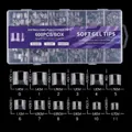 Size chart showing 12 sizes of transparent long matte nail tips in a 600-piece box - Short French