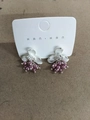 Elegant white enamel flower stud earrings with purple pearl clusters on silver needle posts - Silver/White/Purple
