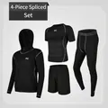 Men's 4-piece black compression set with jacket, t-shirt, shorts, and leggings - S / Top And Bottom / Patchwork Fit / Black