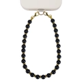 Black beaded phone strap with gold spacers and dual lobster clasps on white case - Obsidian
