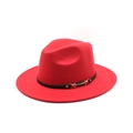 Close-up of bright red fedora hat with black leather strap and gold metal buckle detail - M (56-58cm) / Red