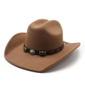 Brown wool felt western cowboy hat featuring decorative wooden beads and turquoise inlay - M (56-58cm) / Khaki