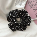 Sparkly black sequined scrunchie with silver polka dots on a white plush background - Scrunchie / Black Sequin Scrunchie