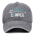 Gorra de béisbol vintage gris lavado con bordado Happy Camper y diseño de tienda - Ajustable / Gris