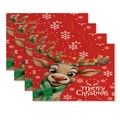 Set of 4 red Christmas placemats with cartoon reindeer wearing a green scarf - CD62-12 (Christmas Cartoon Reindeer)