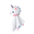 Plush unicorn baby security blanket with tactile 3D dots, colorful ribbons and star teether - White Unicorn