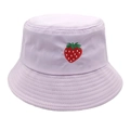 Close-up of strawberry embroidery detail and cotton twill stitching on purple bucket hat - M (56-58cm) / Purple