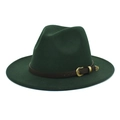 Detail of dark green wool fedora hat featuring a brown leather belt with ornate gold buckle - M (56-58cm) / Dark Green
