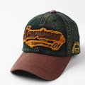 Dettaglio cappello baseball vintage con denim usurato e ricamo Americana arancione - Regolabile / Verde Scuro