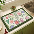 Tappetino scolapiatti assorbente a fiori con boccioli rosa e bordo verde scuro liscio - 30*40cm / MSHH-2/Fiori Lussureggianti Vintage