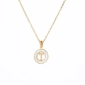 Golden necklace featuring a round white shell pendant with a metallic letter T - Letter T