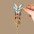 Ancient blue butterfly hair clip with long golden tassels and delicate colorful beads - F0479 Butterfly Bell