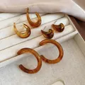 Set of 3 pairs of amber acrylic C-shaped hoop earrings with sterling silver needles - Amber Set of 3 Pairs / Brown