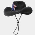 Black straw cowboy hat featuring American flag sequin star and adjustable chin strap - One Size / Star Pattern Black