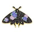 Black enamel butterfly brooch with purple blue roses and gold celestial details - Retro Fantasy Black Wing Moth