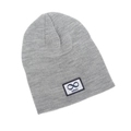 Detail of grey knitted beanie featuring infinity symbol and infinity text on woven patch - One Size / Light Gray