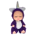 Sleeping baby doll in purple plush unicorn onesie costume on a white background - B5 Unicorn