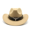 Detail of khaki cowboy hat featuring a silver bull head emblem and metal studded leather band - M (56-58cm) / Camel