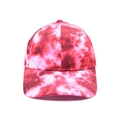 Detailed view of red tie-dye pattern on 6-panel baseball cap with curved brim style - Tie-dye Style 6