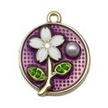 French vintage enamel flower pendant with purple background and pearl in golden frame - Purple Flower Leaf-22072
