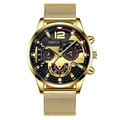 Men's fashion quartz watch with golden mesh strap and black calendar dial display - Gold