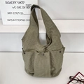 Green gingham large canvas hobo bag with three front pockets and retro metal buttons - Green