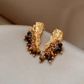 Vintage gold drop earrings with brown beads and textured metal on champagne fabric - Irregular Pleated Tassel Style / Silver Earring Post-Gold-Coffee