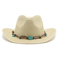 Chapeau de cowboy en paille avec perles turquoise et pompons pour la plage d'été - M (56-58cm) / Beige