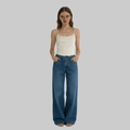 Front full view of dark blue high-waisted wide-leg jeans with white tank top for women - S / Dark Blue