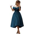 Elegant peacock blue satin off-shoulder evening dress with a flared A-line skirt - US size 12 (L) / Bottoms / Cyan