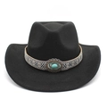 Black felt cowboy hat with wide brim and ethnic braided belt featuring turquoise stone - Black