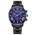 Fashion men's quartz watch with black steel strap and blue dial with sub-dials - Blue Dial Gold Hands Black Case (Flat Lug)