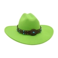 Neon green wool felt jazz hat featuring a brown leather belt with blue beads and metal concho - One Size / Fruit Green