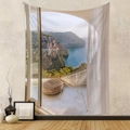 Detail of bohemian wall tapestry featuring a Mediterranean balcony view with ocean scenery - Sunset Beach Window View (GT230319)