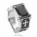 Retro punk titanium steel ring with rectangular black gemstone and cross relief detail - US 11 / Retro Silver Black Stone