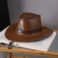 Vintage brown faux leather western cowboy hat with turquoise stone and chin strap - Adult (55-60cm) / Dark Brown