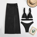 Three-piece black bikini set with 3D floral lace and a sheer mesh long skirt cover-up - S / 3 Piece Set (Includes Cover Up) / Black