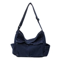 Large dark blue denim crossbody bag with adjustable strap and vintage utility pockets - Dark Blue