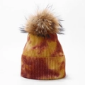 Detail of tie-dye knit beanie featuring vibrant orange and yellow ribbing with a fluffy pompom - 7#-Orange Red and Bright Yellow Tie-Dye Style