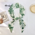 Elegant white narrow scarf with green floral print and letter B for hair or bag - Style B (White/Green Floral Plant)