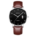 Men's quartz watch with brown leather strap and black dial showing date window - Black Dial Silver Case Brown Leather Strap