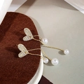 Golden heart earrings with dangling pearl tassels and pavé crystal details - Heart Pearl Tassel Studs