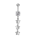 Detailed view of silver navel ring featuring large zircon and three hanging hollow stars - Style 10-Round Diamond Triple Star Dangle