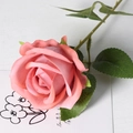 Realistic single pink velvet artificial rose flower with detailed green stem and leaves - Cappuccino