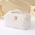 White woven checkerboard toiletry bag with golden double zippers and top handle - Off White