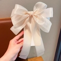 Handheld cream double-sided bow hair claw clip for girls in translucent organza fabric - 054 Long Streamer Bow Spring Clip [Off-white]