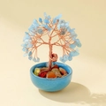 Handmade wealth tree with light blue crystal leaves and polished stones in ceramic bowl - Aquamarine (Blue Cup)